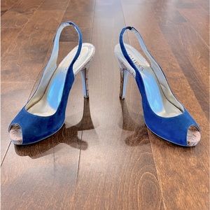 GUESS Navy Suede Slingback Peep Toe Cork Heels, Size 8